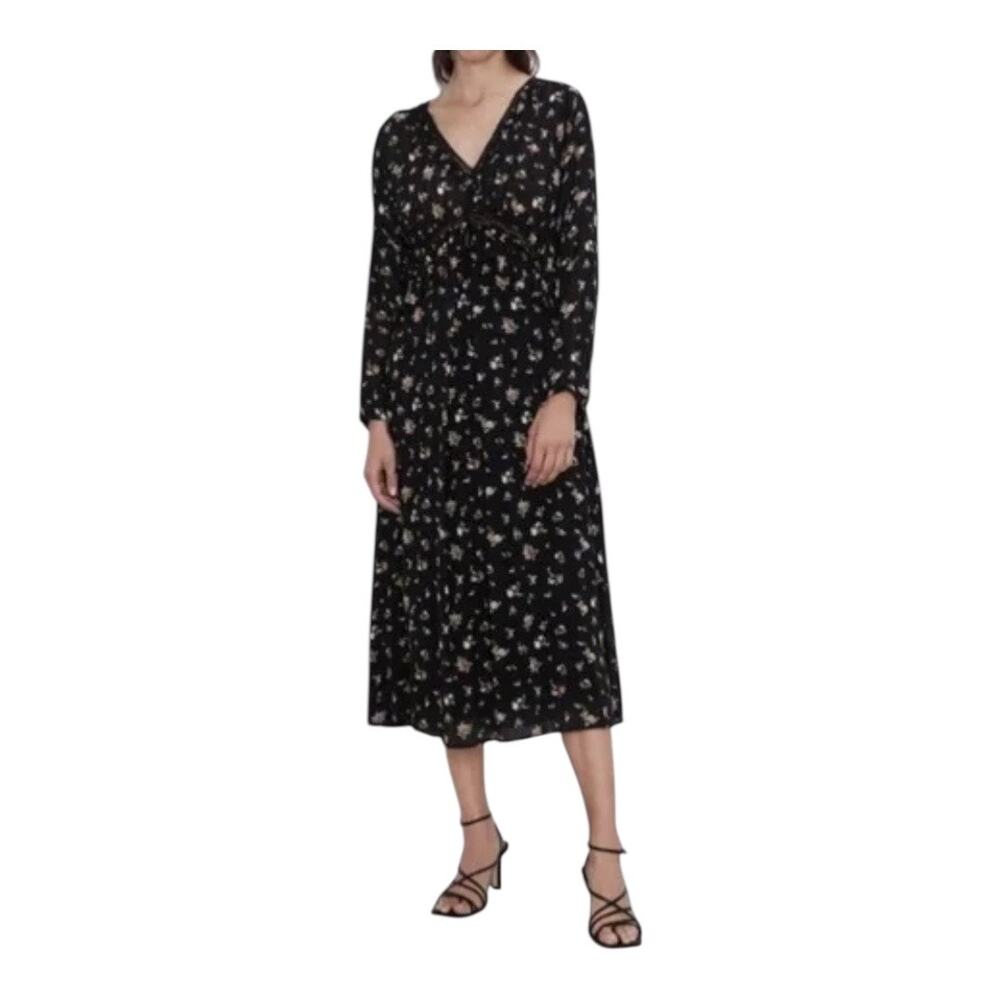 NWT Zara Floral Peasant Midi Dress Long Sleeves Size L Black - Picture 2 of 11